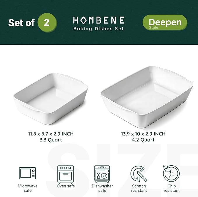 Ceramic Baking Dish Set for 2, Casserole Dish，Ceramic Baking Pan, Bakeware for Baking, Kitchen Decor, Microwave Oven Safe (3.3QT/4.2QT)
