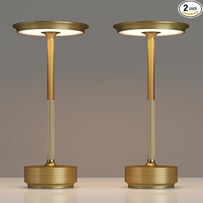 2 Pack Rechargeable Cordless Table Lamps, Portable 5000mAh Battery Table Light, 3 Color Stepless Dimming LED Table Light with Memory Function, for Outdoor/Dinner/Patio/Restaurant.(Gold)