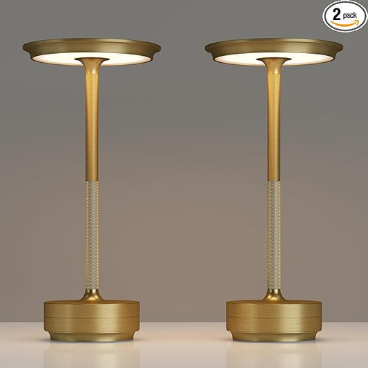 2 Pack Rechargeable Cordless Table Lamps, Portable 5000mAh Battery Table Light, 3 Color Stepless Dimming LED Table Light with Memory Function, for Outdoor/Dinner/Patio/Restaurant.(Gold)