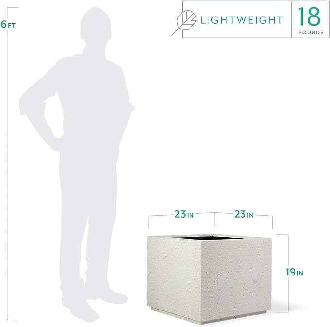 PolyStone Monterray Modern Outdoor/Indoor Square Planter, 23" L x 23" W x 19" H, Lightweight, Heavy Duty, Weather Resistant, Polymer Finish, Commercial Grade and Residential (White Granite)