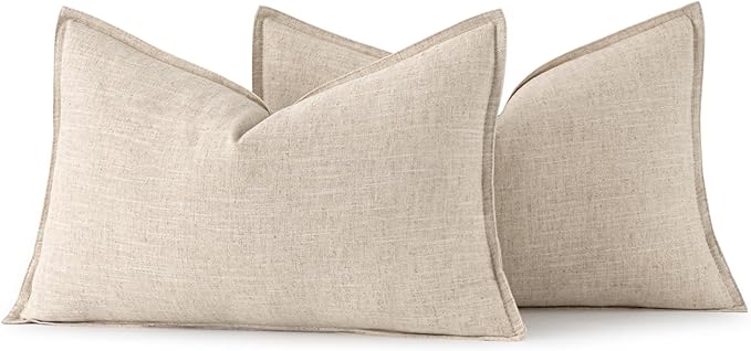 MIULEE Decorative Linen Lumbar Pillow Covers 12x20 Inch Natural Beige Boho Farmhouse Neutral Couch Throw Pillows for Bed Pack of 2 Accent Modern Pillowcase Sofa Livingroom Home Decor