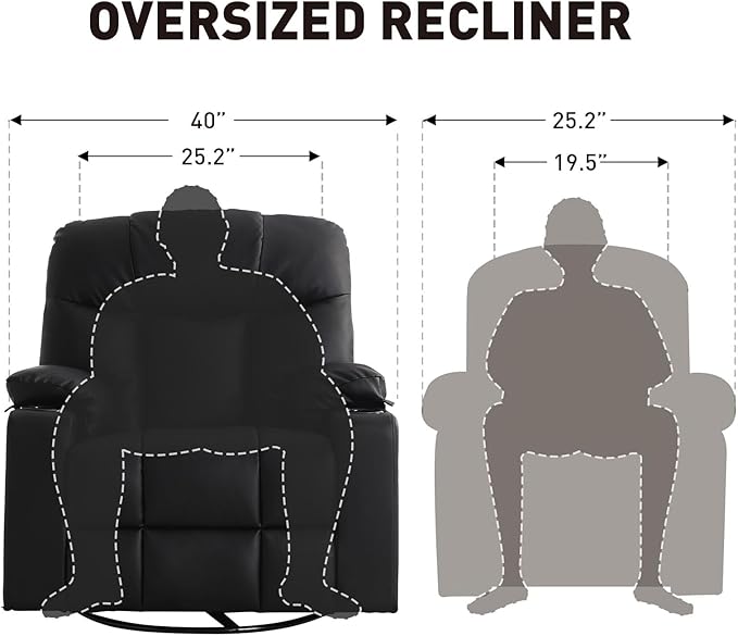 Bonzy Home Oversized Swivel Rocker Recliner, 40" Rocking Recliner Chair with Heated and Massage, PU Leather Single Sofa with Swivel Function, 2 Cup Holders for Living Room Bedroom, Black