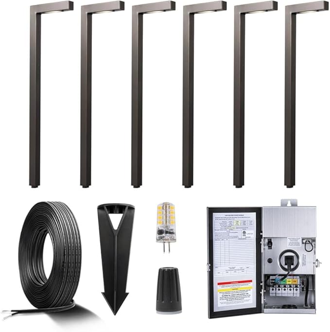 Brass Low Voltage Landscape Path Lights(6 Pack) Kit 12V LED with Low Voltage Transformer 150W and Mechanical Timer and 100 Feet Wire and 30Pack Connectors for Outdoor Yard Driveway