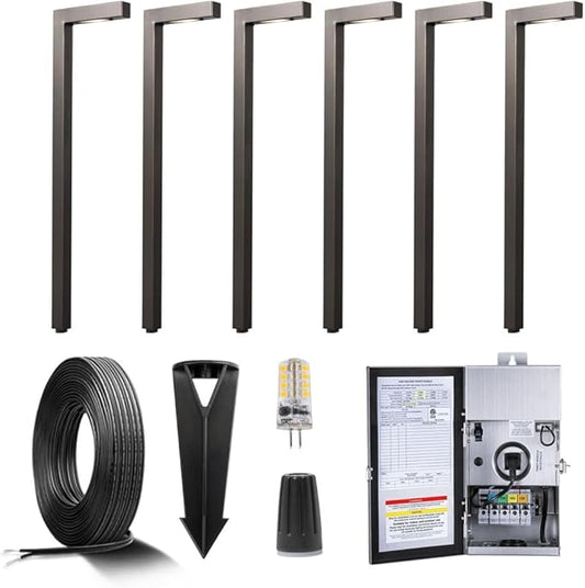 Brass Low Voltage Landscape Path Lights(6 Pack) Kit 12V LED with Low Voltage Transformer 150W and Mechanical Timer and 100 Feet Wire and 30Pack Connectors for Outdoor Yard Driveway
