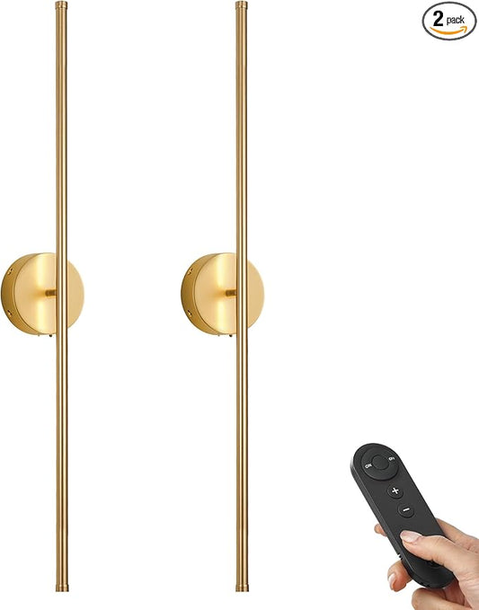 Battery Operated Wall Sconces with Remote Control, Dimmable Wall Sconces Set of Two, 350°Rotate, 3000K LED Gold Wireless Wall Light for Living Room, Bedroom, Hallway, 40.1 Inch (2 Pack)