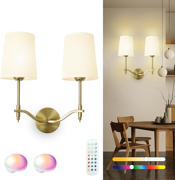 Wall Lights Battery Operated Wall Sconces 2-Light, Gold Rechargeable Wall Sconce with 15 RGB Dimmable Detachable Bulbs and Remote, Wireless Battery Powered Wall Lamp for Living Room Bedroom