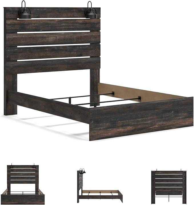 Signature Design by Ashley Drystan Rustic Queen Panel Bed, Sconce LED Lights, USB Ports and Nailheads, Foundation or Box Spring Needed, Dark Brown & Gray