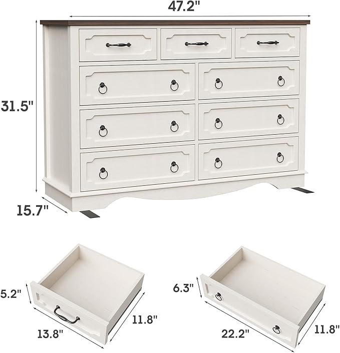 Maupvit 9 Drawer Dresser, 47" Wide Chest of Drawers for Bedroom, Farmhouse Dresser TV Stand with Large Drawers & Metal Handle, Wood Dressers for Living Room, Hallway, Entryway, Antique White