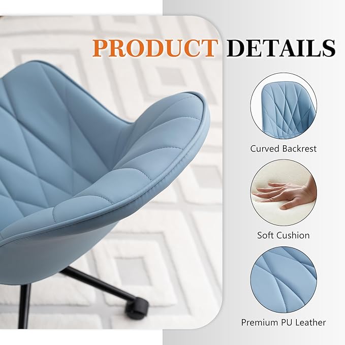 Rowill Modern Office Chair - Ergonomic Swivel Leather Desk Chair with Curved Backrest, Height Adjustable Rolling with Wheels, Perfect for Study Room & Office, Blue