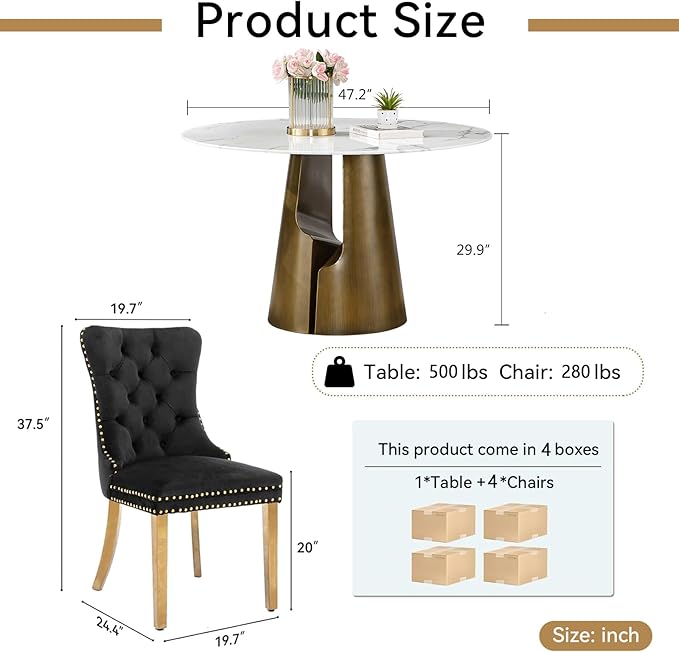 5-Piece Faux Marble Round Dining Table Set for 4, Modern Luxury Kitchen Table Set for 4 with Black Tufted Chairs,Circle Dining Tables with White Marble Grain Top and Bronze Pedestal Base