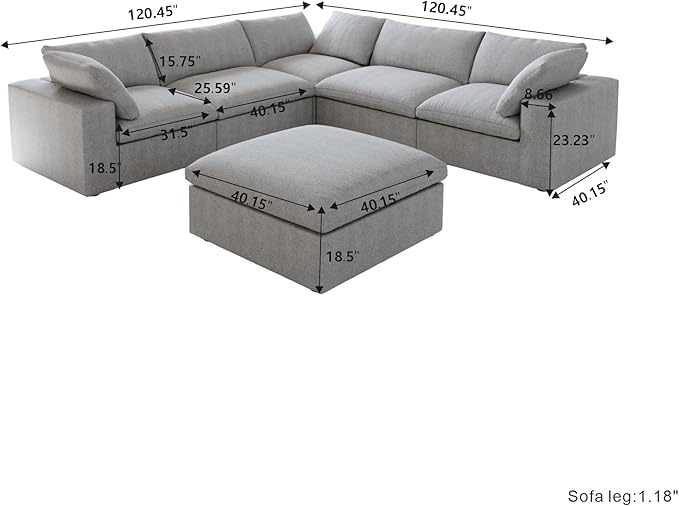 JACH V Shape Couches Sectional for Living Room, Modular Convertible Sofa Couch with Chaise Ottoman, Couch Cushion Covers Removable, Comfy Sofas for Living Room, Bedroom, Apartment (Grey)