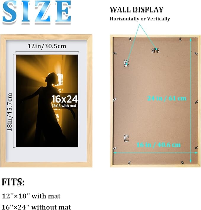Egofine 16x24 Solid Wood Picture Frame, Made of Solid Wood Covered by Plexiglass 12x18 with Mat 16x24 without Mat, Poster Frame for Wall Mounting Hanging Photo Vertically or Horizontally, Natural Wood