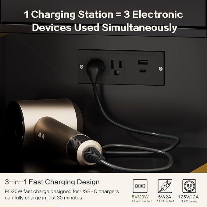 47.24" Big Modern Vanity Desk with Mirror and Lights,Makeup Vanity Desk with 5 Drawers and Storage Shelves & Power Outlet,Dressing Table with Glass Top, Black