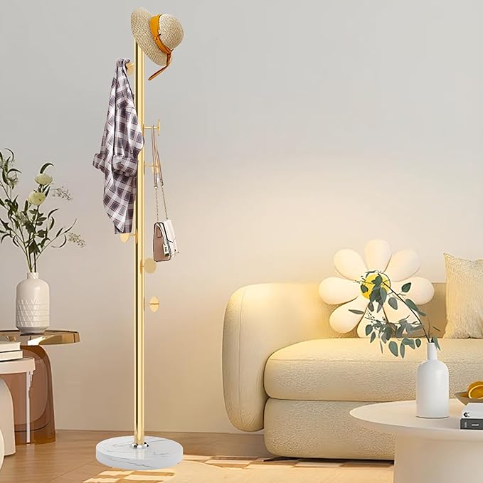 Modern Metal Coat Rack Stand with Natural Marble Base, Heavy Duty Coat Rack Freestanding with 8 Hooks, Golden Standing Coat Racks Hall Tree Stand for Bag, Jacket, Entryway Office