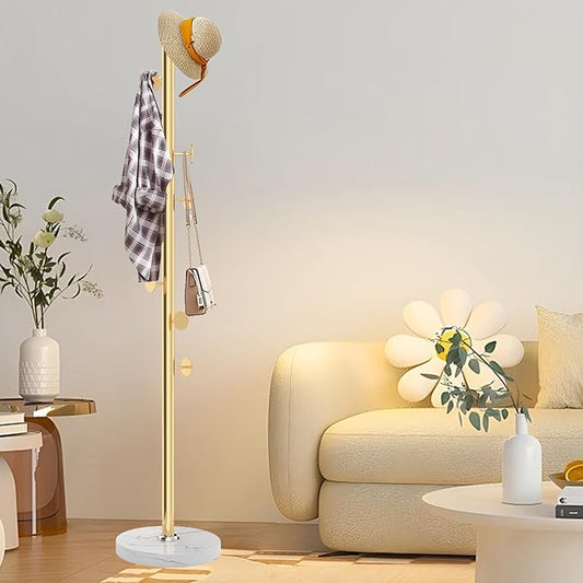 Modern Metal Coat Rack Stand with Natural Marble Base, Heavy Duty Coat Rack Freestanding with 8 Hooks, Golden Standing Coat Racks Hall Tree Stand for Bag, Jacket, Entryway Office
