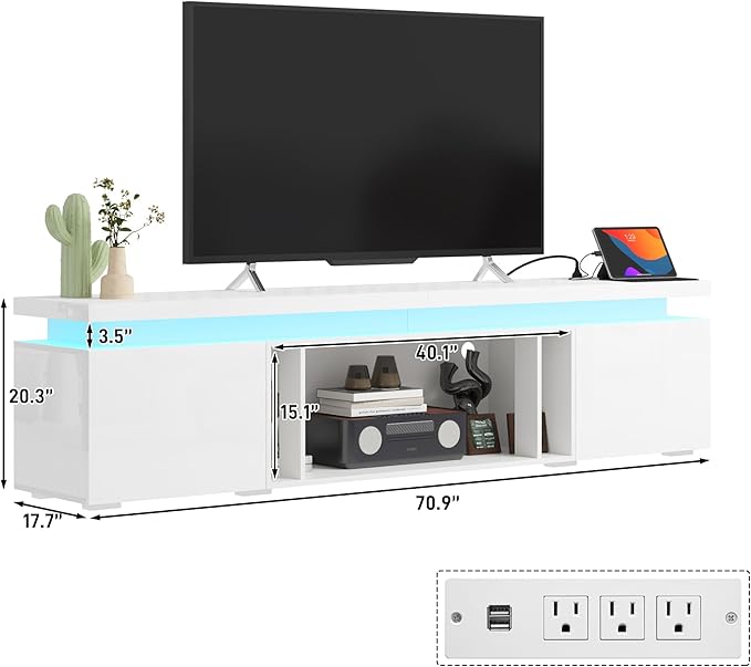 83Inch LED TV Stand for 95Inch TV, Modern TV Stand with Power Outlet, High Gloss TV Console Entertainment Center with Storage for Living Room (83 Inch, White)
