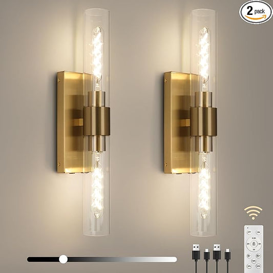 Brass Wall Sconce Set of Two, Battery Operated Wall Sconce, Gold Wall Lamp with Remote Controls, Indoor Non-Hardwired Bedside Wall Sconces, Gold Vanity Light for Bedroom, Vanity, Hallway, etc