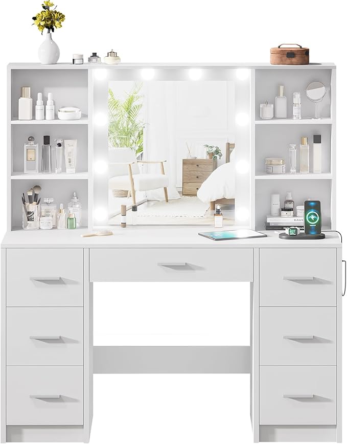 Makeup Vanity Desk with Mirror,10 Lights and Power Strip,Large Makeup Vanity with Shelves and 7 Drawers, Vanity Desk Dressing Table with 3 Color Adjustable Light,Vanity Table (White)