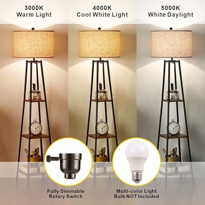 Floor Lamp, Standing Reading Light with Shelves and Fabric Shade, Modern Tall Pole Lamp, Accent Furniture Décor Lighting for Living Room, Bedrooms