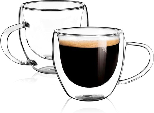 Clear Glass Double Wall Insulated Round Coffee Mugs Set of 2 Pieces - Small Size 5.5oz Best Reusable Coffee Mug for Home Cafe Restaurant Perfect for Espresso Capucinno Lungo Latte Coffee