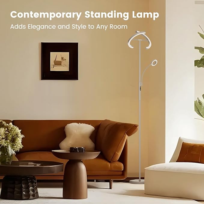 2-in-1 Dimmable Floor Lamp with Reading Light - Rotatable Standing Lamp with Remote&Touch Control, Stepless Color Brightness Adustable, Modern Lamp for Living Room Bedroom Office, Silver