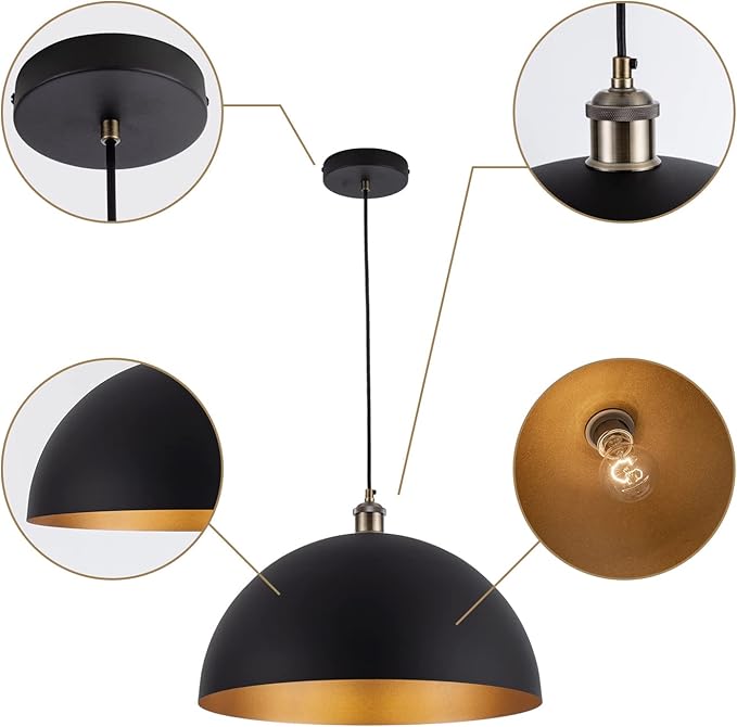 Vintage Pendant Light,Industrial pendant light,chandelier17.72 "Industrial Dome Pendant Light black and gold finish lighting fixture line length 78.74" Kitchen island, bedroom, hallway,farmhouse