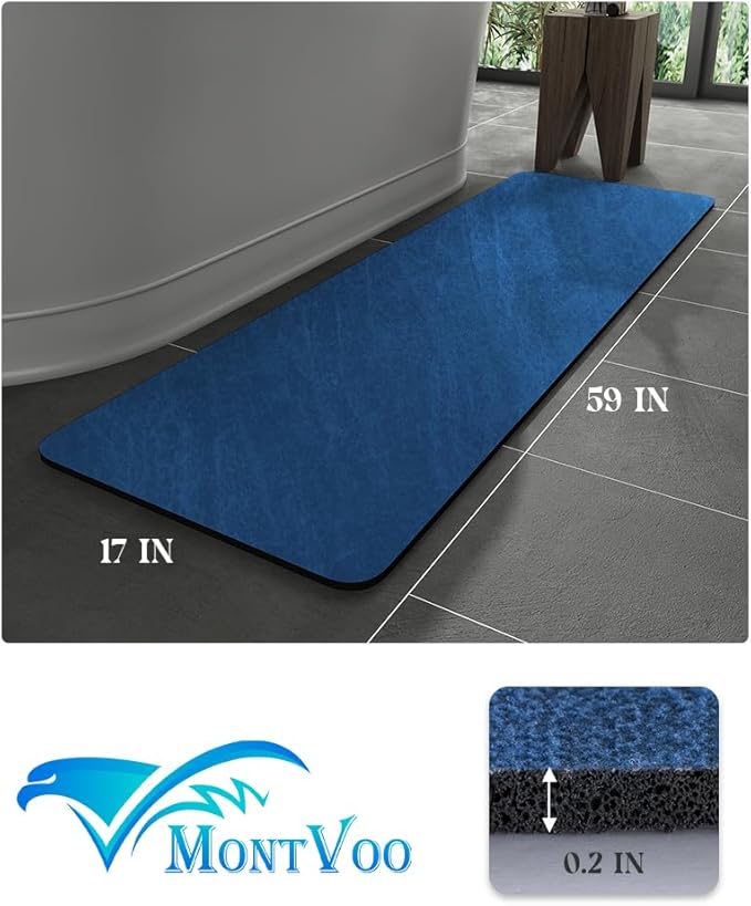 MontVoo -Bath Mat Rug-Rubber Backing Non Slip Quick Dry Absorbent Thin Bathroom Rugs Fit Under Door-Faux Suede Surface Bathroom Floor Mats-Shower Rug for in Front of Bathtub Shower Royal Blue 17"x59"
