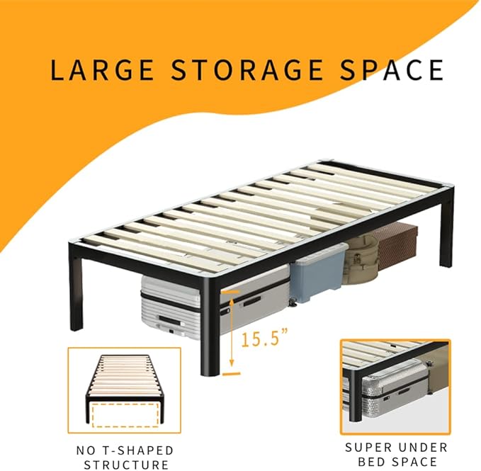 MAF Metal 18 Inch Twin Platform Bed Frame with Anti-Collision Round Legs, Black 3500 Lbs Heavy Duty Bed Frame with Wood Slats, No Box Spring Needed, Easy Assembly