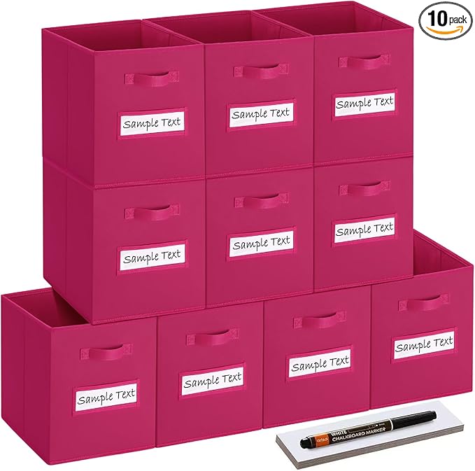 artsdi 11x11 storage cube bins (Set of 10) Foldable Fabric storage cubes with 10 Labels Window Cards & a Pen,11 inch cube storage bin,Closet Organizers for Shelves,Cubby Organizer Boxes,Dark pink