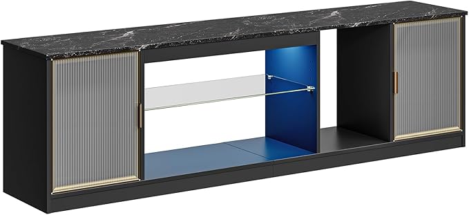Bestier Gaming TV Stand for TVs up to 80 inch, 70 inch LED Entertainment Center with Adjustable Glass Shelf & Translucent Doors Storage Cabinet for PS5, Modern TV Console for Living Room, Black Marble