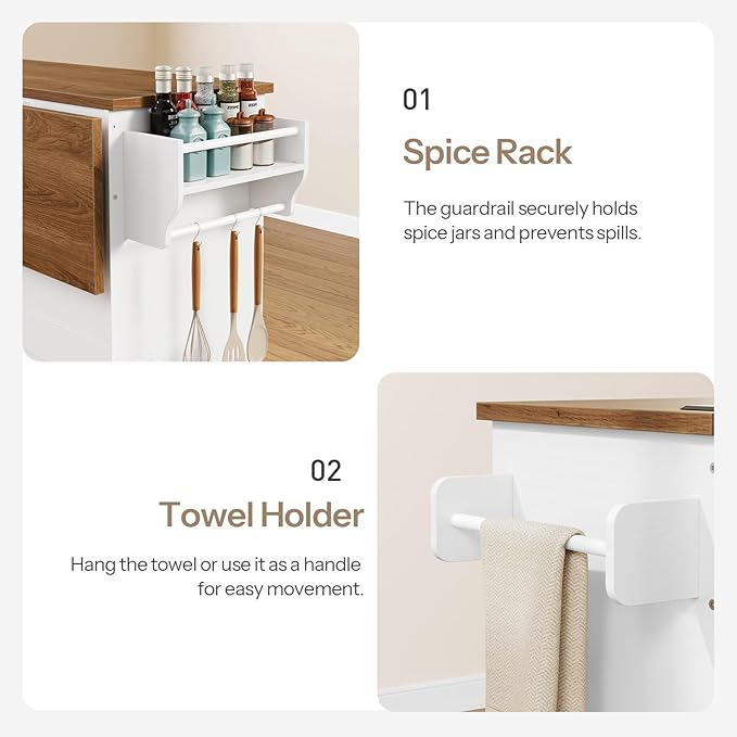 HOOBRO Kitchen Island with Drop Leaf, Rolling Kitchen Island with Storage and Power Outlet, Kitchen Cart with 3 Drawers and Adjustable Shelves, Towel and Spice Rack, for Dining Room, White and Walnut