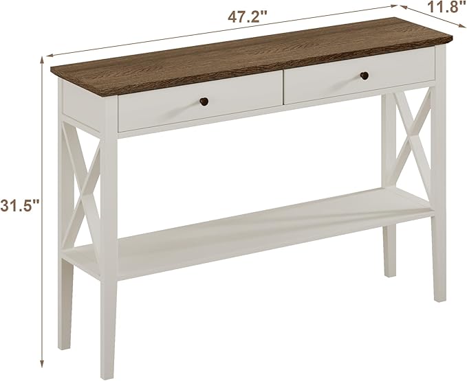 ChooChoo Farmhouse Console Table with Drawers, Narrow Wood Accent Sofa Table Entryway Table with Storage Shelf for Entryway, Front Hall, Hallway, Living Room, Antique White & Brown