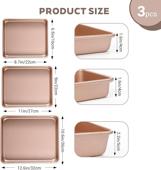 3 Pcs Baking Sheet Set, Cookie Sheets For Baking with Square Texture Pattern, Thicker Carbon Steel Non-stick Bake Pan Roll Pans Tray for Oven (9''/11''/13'')