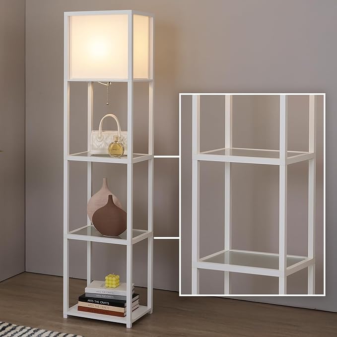 Floor Lamp with Shelves, Modern Standing Lamp with Tempered Glass, Large Display Shelf Lamp, Tall Lamps with Shelves for Living Room, Bedroom, Office, White