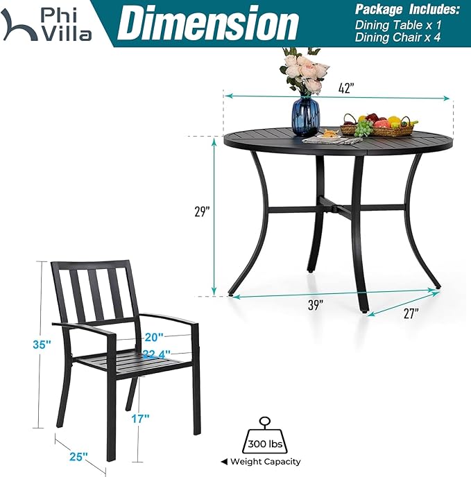 PHI VILLA 5 Piece Outdoor Dining Table Set for 4, 42” Round Steel Dining Table with Umbrella Hole & 4 Black Stacking Metal Chairs for Patio, Deck, Yard, Porch