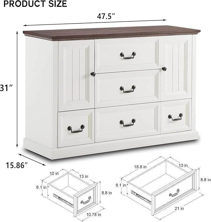 Farmhouse 5 Drawers Dresser for Bedroom, Wood Rustic Storage Organizer Closet Chest, Chest of Drawers w/Groove Barn Door&Shelf for Closet, Living Room, Dining Room, Hallway-White