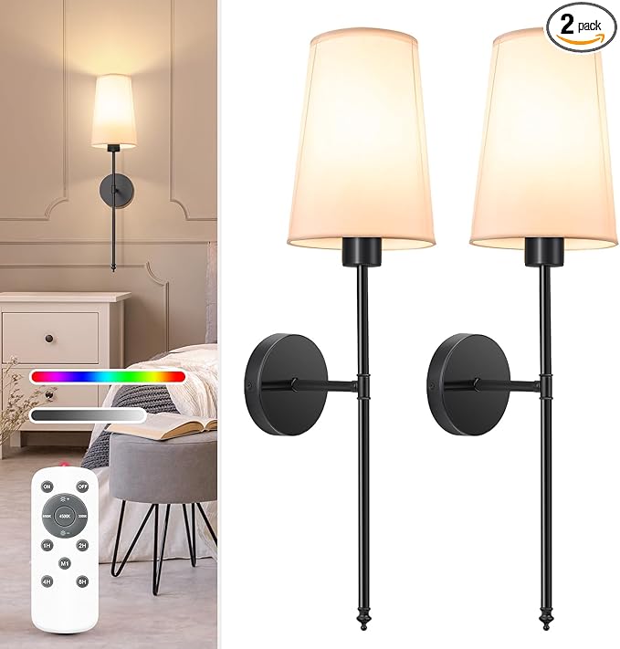 NIORSUN Black Battery Operated Wall Sconce Set of 2,Rechargeable Wall Lights with 5200mAh Dimmable Detachable Bulbs and Remote,9 Colors Wireless Sconces for Bedroom Living Room Hallway