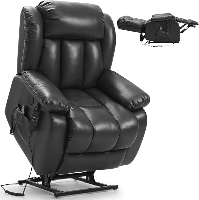 PARKOL Large Breathing Leather Infinite Position Power Lay Flat Lift Recliner Chairs for Elderly, Dual Motor with Massage and Heating,Extended Footrest,USB & Type-C Port and Remote,Black