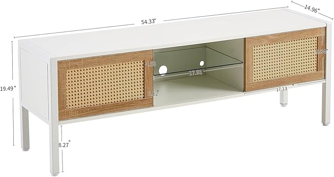 TV Stand, 54.33" TV Console for TVs up to 65 Inches, Mid Century Modern TV Stand Entertainment Center with Storage, with Rattan Door, Shelves & 2 Cabinets, 16 Color Light Strip, White