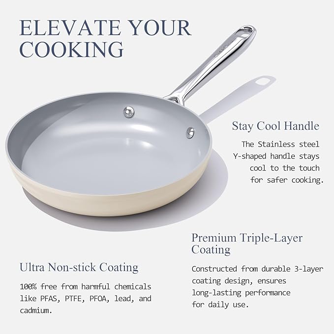 Nonstick Ceramic Frying Pan 10 Inch for Induction Cooktop - Non Toxic, PTFE/PFOA/PFAS Free, Oven & Dishwasher Safe up to 500°F - Non Stick Small Skillet with Stay-Cool Handle - Cream