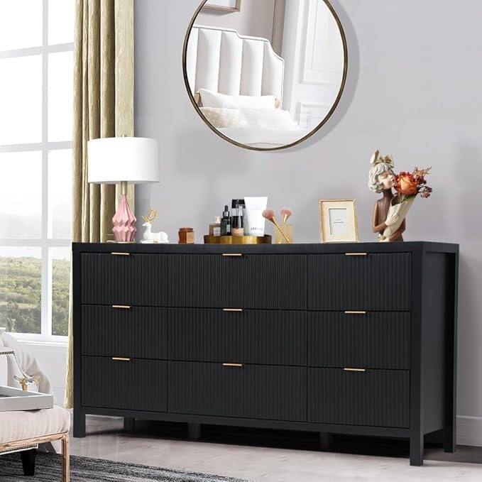 Fluted 9 Drawer TV Stand Dresser for Bedroom, Mid Century Modern Dresser with Drawers, Storage Organizer with 9 Drawers, Fluted Cabinet for Closet Cloth, Living Room, Entryway -Black