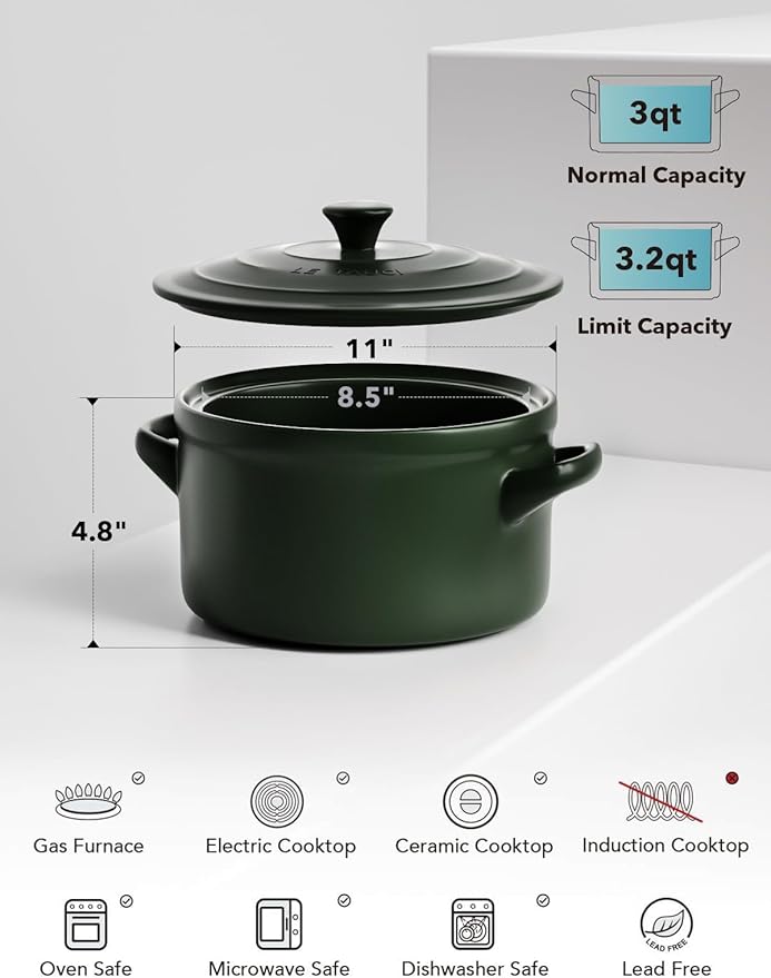 LE TAUCI 3 qt Ceramic Dutch Oven for Bread Baking with Silicone Sling- Lightweight, Non-Toxic, No Seasoning Needed- Oven, Microwave & Dishwasher Safe, Ideal for Home Bakers & Beginners, Forest Green