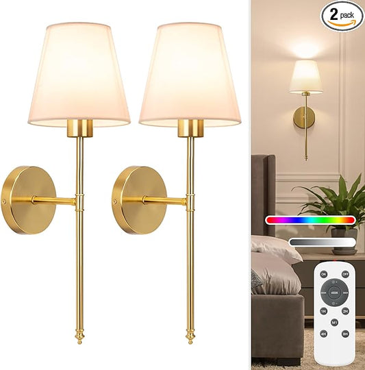 NIORSUN 19.9 inch Battery Operated Wall Sconce Set of 2,Gold Rechargeable Wall Lights with 5200mAh Dimmable Detachable Bulbs and Remote,10 Colors Wireless Sconces for Bedroom Living Room Hallway
