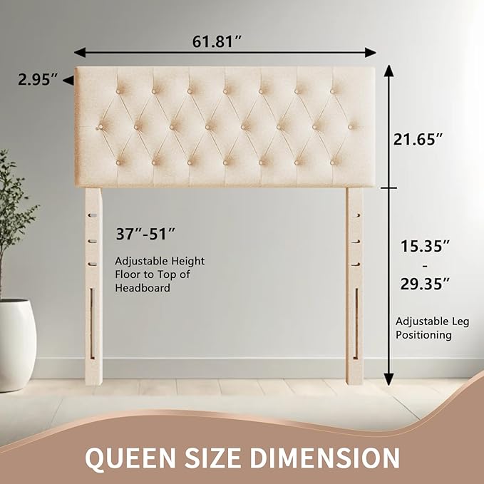 Rosevera Givanna Adjustable Height Headboard with Linen Upholstery and Button Tufting for Bedroom, Queen, Natural Linen