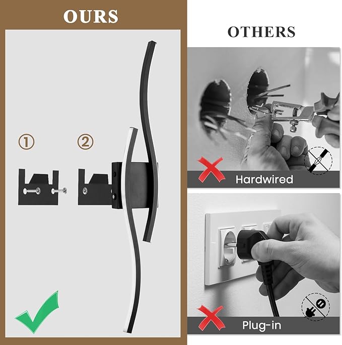 Battery Operated Wall Sconces, Rechargeable Wall Sconces, 3000K-6500K LED Wireless Wall Light, Modern Wall Lamp not Hardwired for Living Room Bedroom Hallway, 31.5in-Black