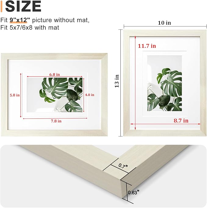 Egofine 9x12 Picture Frame Made of Solid Wood with Plexiglass, Display Pictures 5x7/6x8 with Mat or 9x12 Without Mat for Tabletop and Wall Mounting, Beige