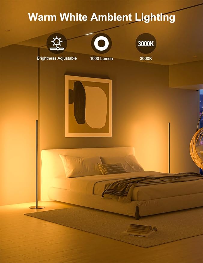 Corner Floor Lamp, RGB IC Smart Corner Lamps Work with Alexa, APP and Remote Control, Music Sync & Timing, Color Changing Ambient Lighting for Living Room Bedroom Gaming One Connected Pair