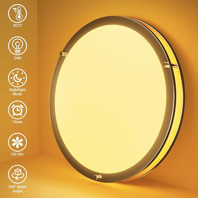 libtit 13 Inch Flush Mount Ceiling Lights with Remote, 24W Dimmable LED Ceiling Light with Nightlight and Timer, 3000K-6500K Adjustable Brushed Nickel Light Fixture for Bedroom Kitchen Bathroom