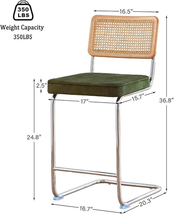 Natural Rattan Bar Stools Set of 3 with Solid Wood Back, 24 Inch Mid Century Modern Counter Height Stools, Green Upholstery Boho Stool for Kitchen Counter with Chrome Metal Legs