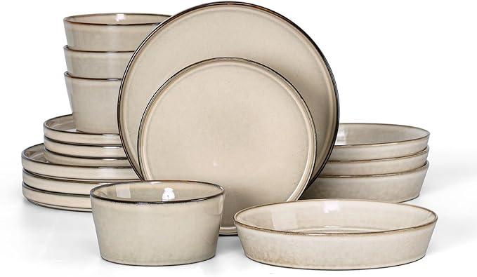 Herogo Dinnerware Sets with Pasta Bowls, 16 Piece Plates and Bowls Set for 4, Modern Stoneware Dinner Dishes for Kitchen Dinning, Dishwasher & Microwave Safe, Cream Khaki